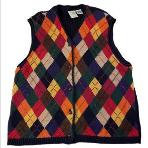 Vintage knit vest colorful button up grandmacore XL summit hill dark academia